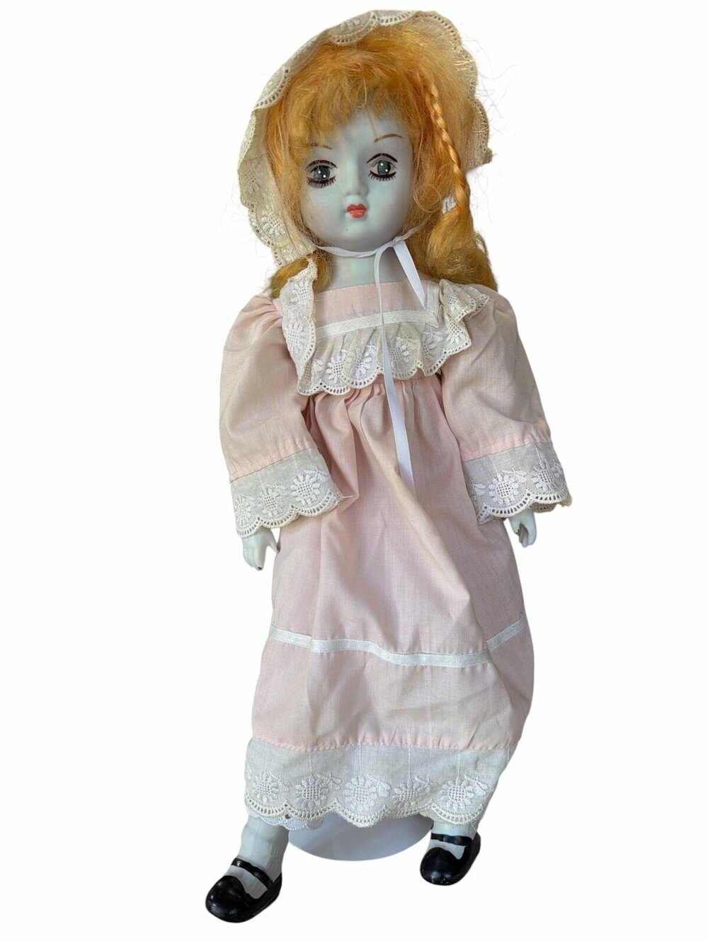 Vintage Porcelain Doll Pink Dress Bonnet